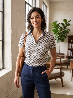 Women’s Navy and Cream Geo Print Polo Top